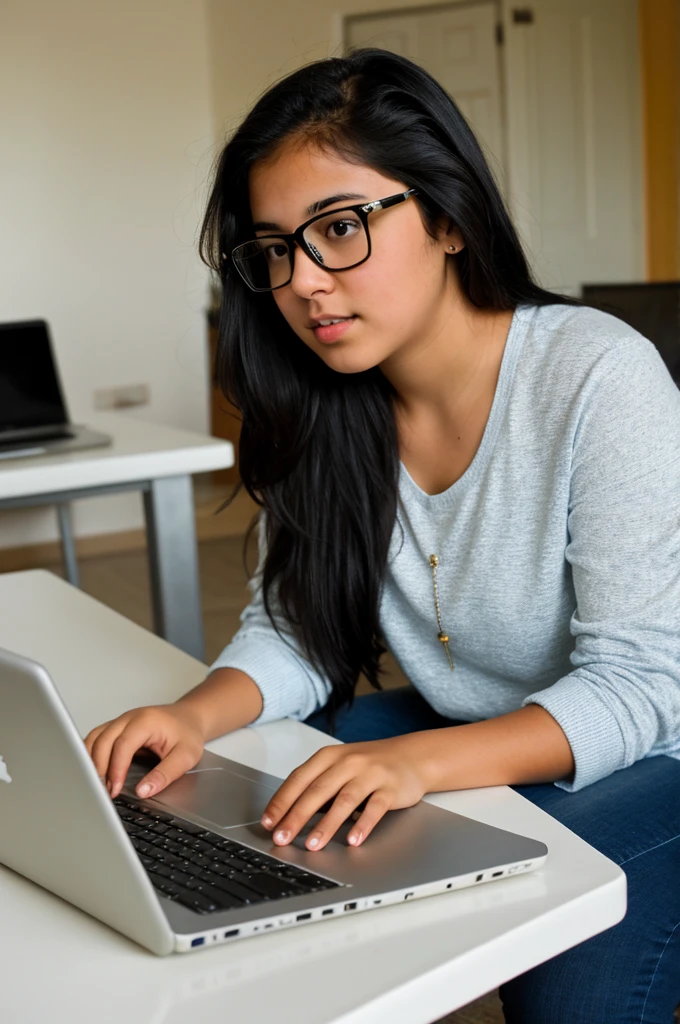 Latina high school student girl black hair watching her laptop with realistic clear glasses