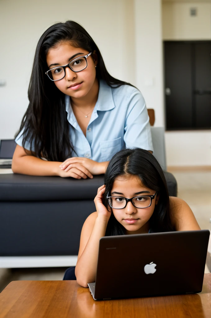 Latina high school student girl black hair watching her laptop with realistic clear glasses