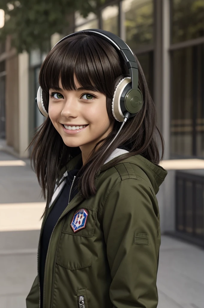 Screenshot of my hero academia. An anime teenager , Medium height, long dark brown hair with long bangs, dark olive green eyes, with headphones. Faking a smile