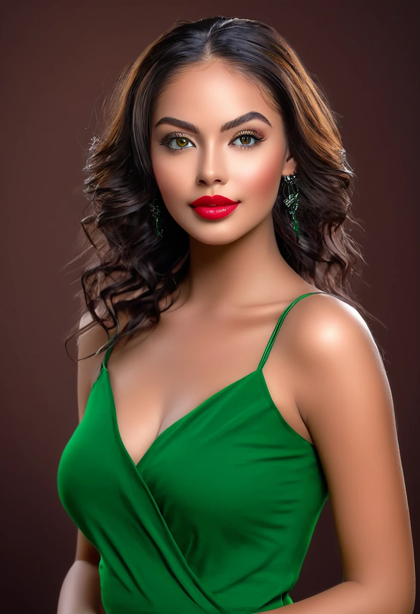 score_9,score_8_above,score_7_above,fine details in everything, A beautiful woman, beautiful Latin face, young Brazilian Nyvi Estephan, Brazilian supermodel, serene and elegant beauty, Angolan descent, young adult 30 years old, nerdy woman, tall woman, a black woman stunning, with indigenous features, beautiful indigenous girl, native Brazilian, ((An indigenous African girl with European ebony)), ((her beauty is undeniable)), beautiful young ebony girl with dark skin, tanned Mexican, black highlighted hair brown, curly black hair with brown highlights, Voluminous black hair with brown highlights, vibrant and dynamic cut with soft waves can give a modern and stylish touch. She has an exotic beauty with beautiful green eyes, realistic green eyes, bright green eyes, ultra detailed green eyes, ultra realistic green eyes, natural green eyes, hyper realistic eyes, eyeliner, long eyelashes and a defined, penetrating look that conveys confidence, striking, powerful expression, strong presence, striking makeup, red lipstick, full lips, voluminous lips, seductive lips, captivating, striking, unforgettable, dazzling and mischievous smile, sexy, her features are captivating. beautiful and detailed face, detailed skin texture, perfect eyebrows that arch gracefully above the eyes, small nose that is proportionate to the face, and soft contour of the face that accentuates the high cheekbones. Beautiful and glowing skin, intricate details, smooth skin, healthy and radiant appearance, Attractive slim woman, Medium bust, athletic, slim waist, wide hips, big ass, thick thighs, legs shapely concept art. She wears a black shirt, a black sleeveless tank top and a long dark green skirt with butterflies printed on the skirt and high-heeled sandals. Urban photography, urban environment, Woman in shopping center, shopping mall background. 3D 4k, high resolution, full sharpness photo realistic, breathtaking, Lentille nette, Photographie professionnelle, Objectif 70mm, Unreal Engine 5, wallpap