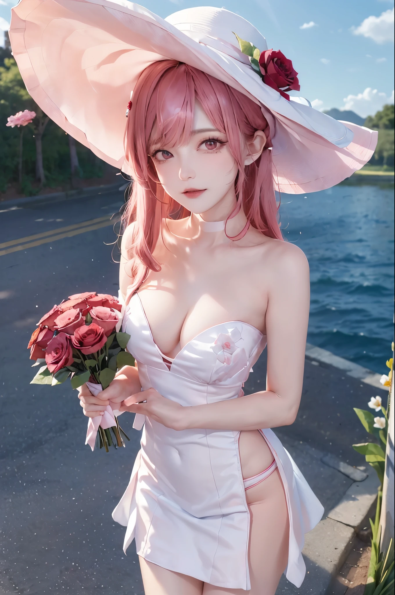 (8k, RAW photo, best quality, masterpiece:1.2),((masterpiece, best quality)), 1girl, flower, solo, dress, holding, sky, cloud, hat, outdoors, bangs, bouquet, rose, expressionless, blush, pink hair, flower field, red flower, pink eyes, white dress, looking at viewer, midium hair, holding flower, small breasts, red rose, holding bouquet, sun hat, white headwear, depth of field