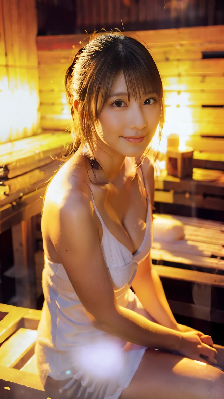 (1 Female only):1.5, (sauna:1.3), (whole body:1.3), (bun hair, dark brown hair), (highest quality, Photoreal:1.4, table top:1.3, RAW photo:1.2, cinematic light, highly detailed illustrations), (A very carefully drawn face, Super beautiful maid, super delicate eyes, super detailed stuffy nose, super detailed mouth, highly detailed facial features, Super detailed body, hip details, Detailed thighs), (small breasts:1.3), from the front, show cleavage, (A long dress made of very dense towel fabric.:1.3, strapless), (sweat a lot), (sitting on a wooden bench), leaning forward, smile:0.8, Light and shadow