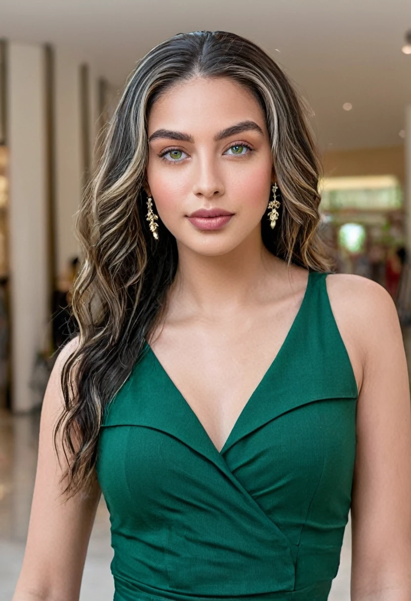 score_9,score_8_above,score_7_above,fine details in everything, A beautiful woman, beautiful Latin face, young Brazilian Nyvi Estephan, Brazilian supermodel, serene and elegant beauty, Angolan descent, young adult 30 years old, nerdy woman, tall woman, a black woman stunning, with indigenous features, beautiful indigenous girl, native Brazilian, ((An indigenous African girl with European ebony)), ((her beauty is undeniable)), beautiful young ebony girl with dark skin, tanned Mexican, black highlighted hair brown, curly black hair with brown highlights, Voluminous black hair with brown highlights, vibrant and dynamic cut with soft waves can give a modern and stylish touch. She has an exotic beauty with beautiful green eyes, realistic green eyes, bright green eyes, ultra detailed green eyes, ultra realistic green eyes, natural green eyes, hyper realistic eyes, eyeliner, long eyelashes and a defined, penetrating look that conveys confidence, striking, powerful expression, strong presence, striking makeup, red lipstick, full lips, voluminous lips, seductive lips, captivating, striking, unforgettable, dazzling and mischievous smile, sexy, her features are captivating. beautiful and detailed face, detailed skin texture, perfect eyebrows that arch gracefully above the eyes, small nose that is proportionate to the face, and soft contour of the face that accentuates the high cheekbones. Beautiful and glowing skin, intricate details, smooth skin, healthy and radiant appearance, Attractive slim woman, Medium bust, athletic, slim waist, wide hips, big ass, thick thighs, legs shapely concept art. She wears a black shirt, a black sleeveless tank top and a long dark green skirt with butterflies printed on the skirt and high-heeled sandals. Urban photography, urban environment, Woman in shopping center, shopping mall background. 3D 4k, high resolution, full sharpness photo realistic, breathtaking, Lentille nette, Photographie professionnelle, Objectif 70mm, Unreal Engine 5, wallpap
