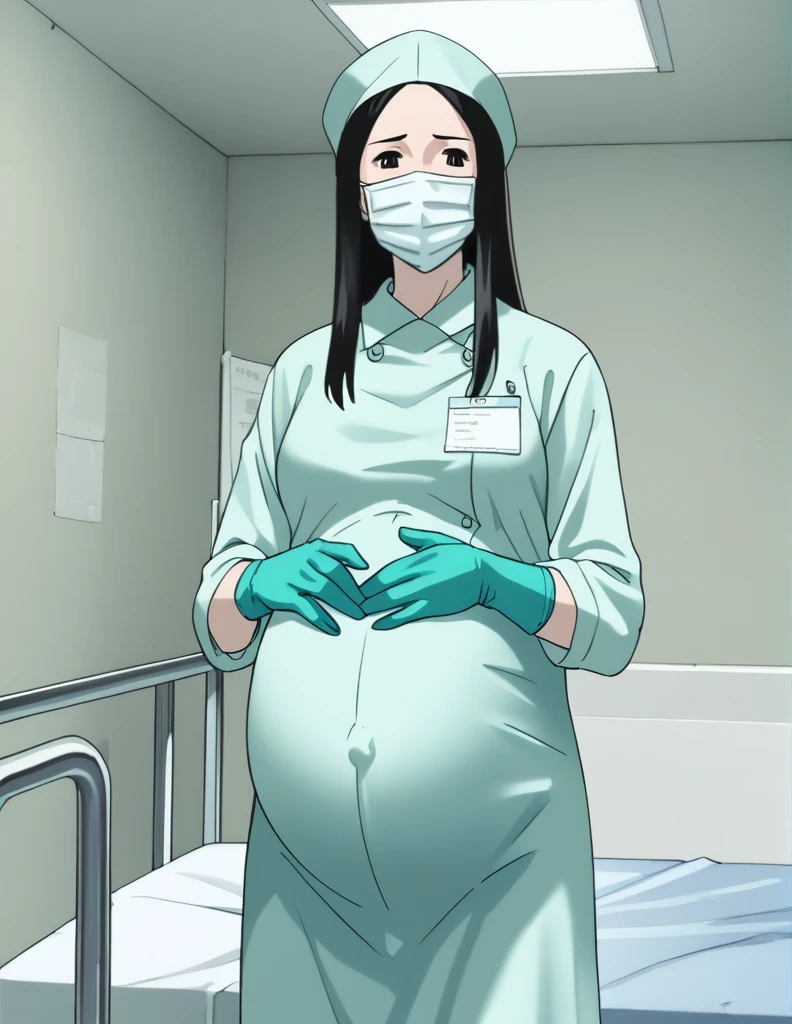 score_9, score_8_up, score_7_up, source_anime, kasuganoray, pale skin, shy eyes, long hair, scrubs, surgical mask, surgical cap, long sleeve maternity gown,
1girl, pregnant, solo, rubber gloves, looking down, furrowed brow, hospital bed, standing