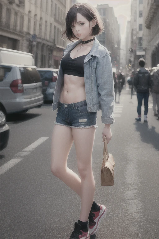 ((Medium breasts, Tomboy girl, Small head)), sunlight, Sunlight, (Chiseled abdominal muscles : 1.1), (Perfect body : 1.1), (Short Wavy Hair : 1.2) , Auburn hair, collar, chain, full-body shot, Crowded streets, Wearing a black vest, Denim jacket, ((shorts)), (Extremely detailed CG 8k wallpaper), (Extremely delicate and beautiful), (masterpiece), (best quality:1.0), (ultra high resolution:1.0),  Beautiful Lights ,Perfect Lightning, Realistic shadows, [high resolution], Delicate skin, Extremely detailed 
