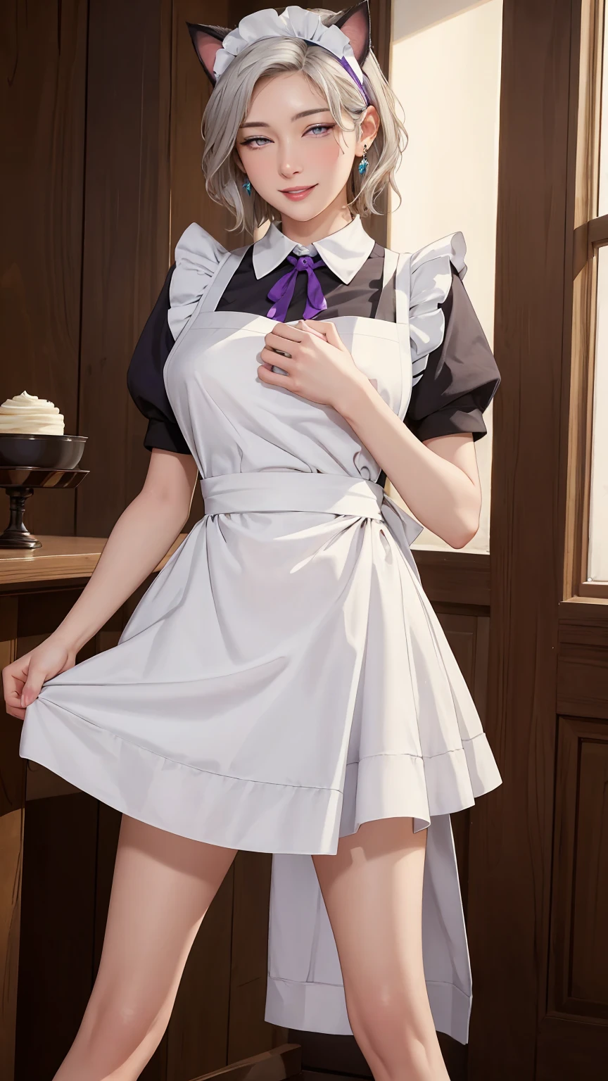 ((((masterpiece, Highest quality, High resolution)))), Extremely detailed 8K, Beautiful girl with a voluptuous body, (Ultra HD, Super detailed, Very detailed, Very realistic, Ultra-realistic, Photo Real), (One girl:1.5), (Realistic white hair), (Short Wavy Hair, hair ornaments, Earrings), (Dynamic pose), To the camera, View your viewers, (blush, Embarrassing, smile), (Purple eyes, Sharp eyes), (Firm breasts:1.2), (Beautifully detailed face, Beautiful attention to detail), ((Maid clothes, Maid Apron, Cat Ear Headband)), (detailed pussy), Sweat, shine, (Sunbeam, sunlight), coffee shop, ((Highest quality、High resolution))、Portraiture、Perfect body、Beautiful and bountiful breasts、Sexually excited expression、((throw、maid shows pussy))、Love Juice、I'm inviting you to have sex,(nsfw)