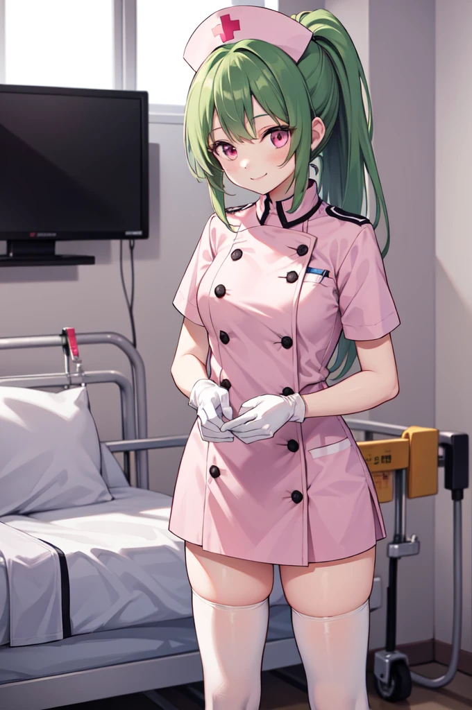 1girl, solo, nurse, nurse cap, white nurse uniform, ((white legwear, zettai ryouiki)), white gloves, ponytail, green hair, pink eyes, smile, standing, ((hospital room)), sharp outline, short sleeves, best quality, masterpiece