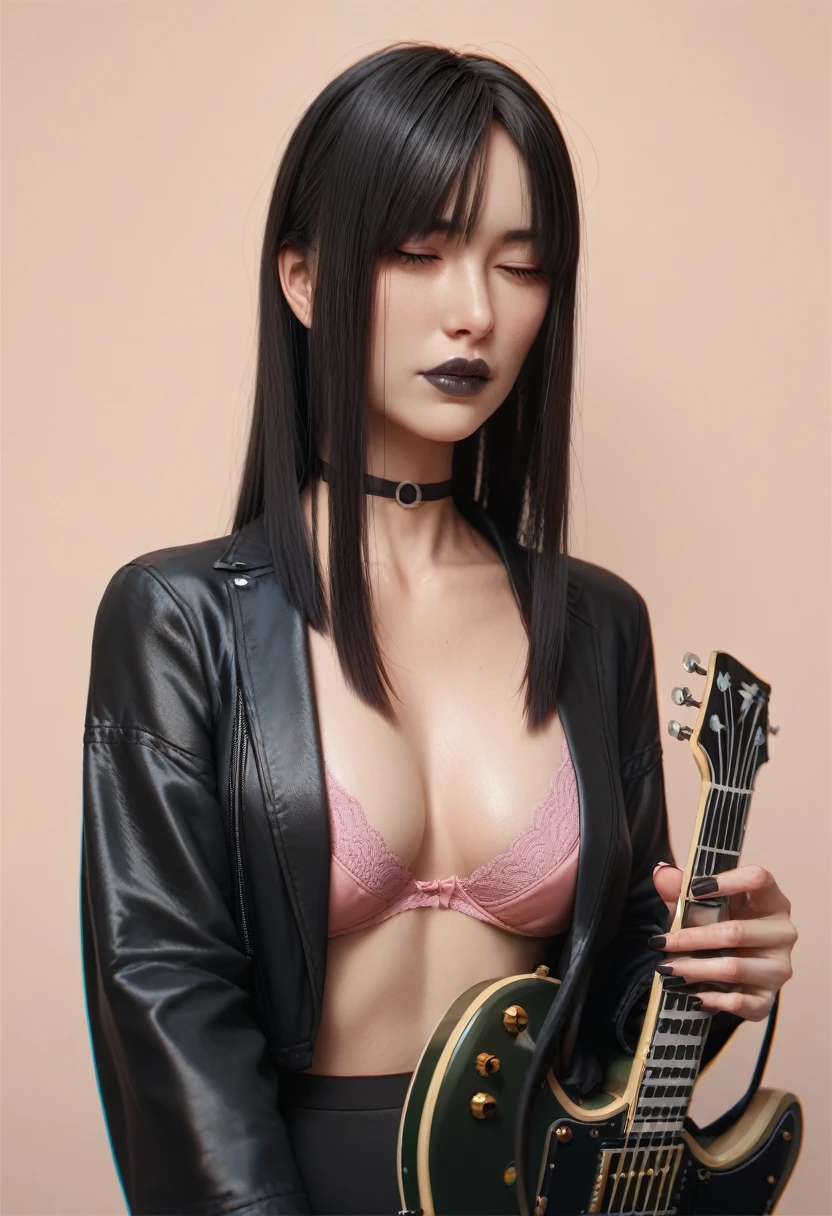 beautyful mature japanese woman, slim body, slender body, black jacket,big long fringe black hair, black lipstick, pink bra, milf, black chocker, playing guitar