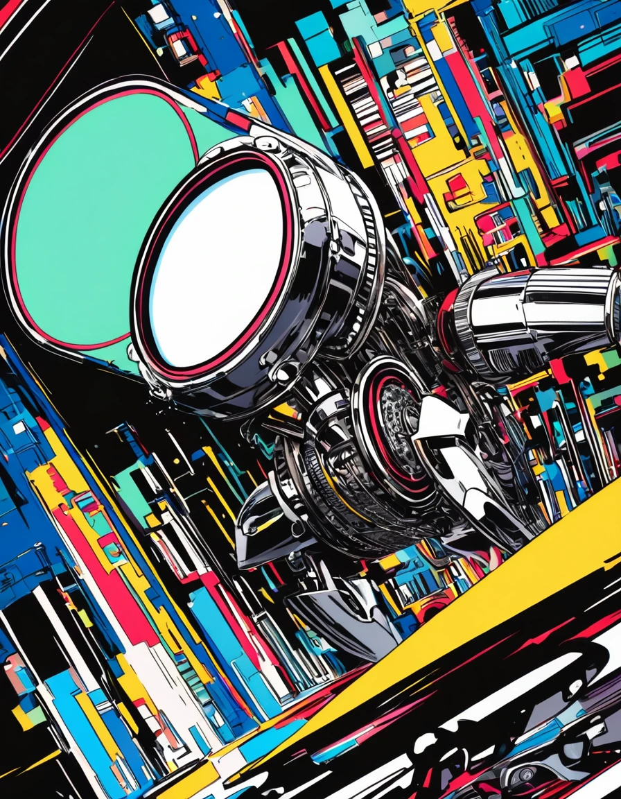 ultra-detailed:1.3, ultra delicate and detailed face:1.3, (absurdres, texture, masterpiece), pixiv contest winner, pop art, by Sesshu, Dynamic manga-style illustration of fascinating gloss slender robot with a big speaker head, The robot design is very intricate., The robot is riding on a white shark.,ink,anime