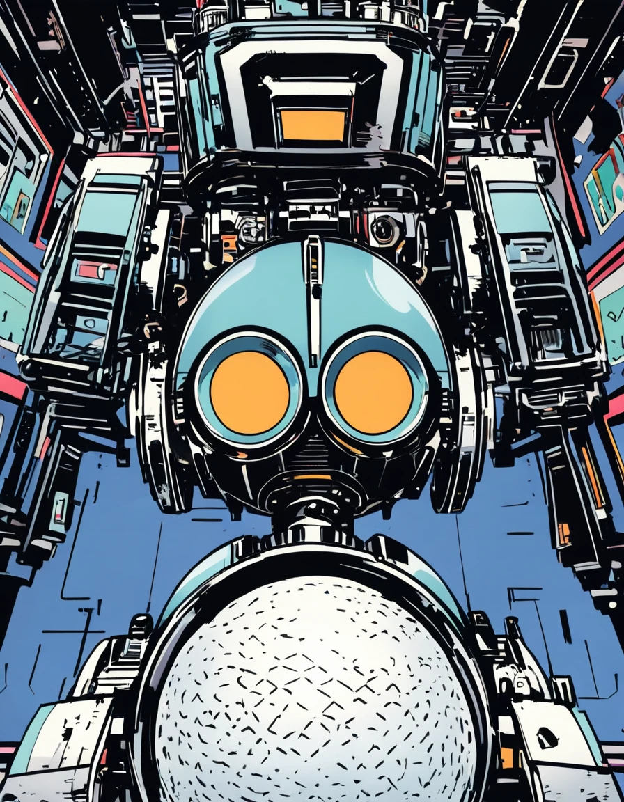 ultra-detailed:1.3, ultra delicate and detailed face:1.3, (absurdres, texture, masterpiece), pixiv contest winner, pop art, by Sesshu, Dynamic manga-style illustration of fascinating gloss slender robot with a big speaker head, The robot design is very intricate., The robot is riding on a white shark.,ink,anime