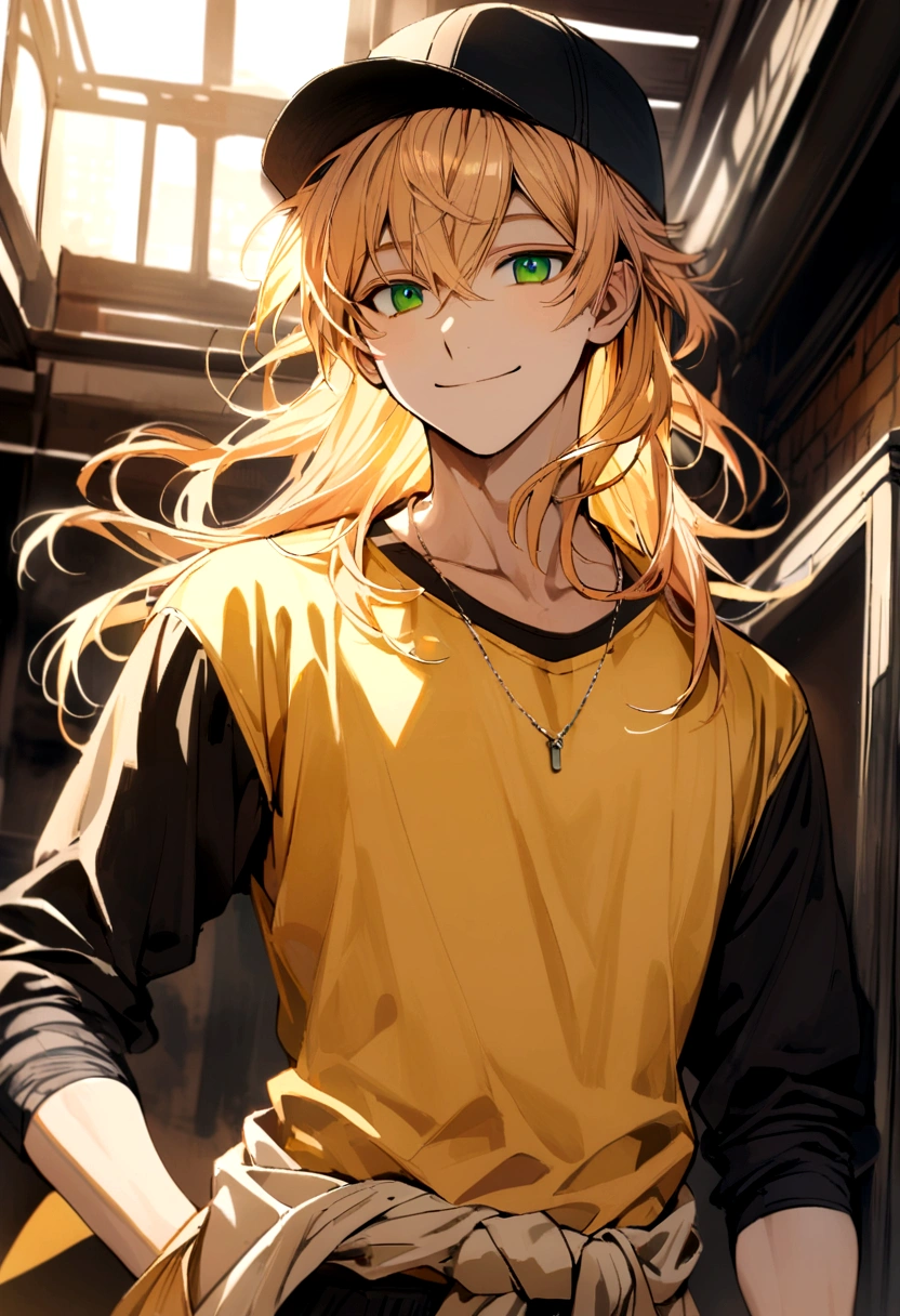 The boy had apricot hair, neck-length hair, green eyes, wearing a black baseball cap, yellow t-shirt, black long-sleeved shirt inside, and a white tie around his waist, smile