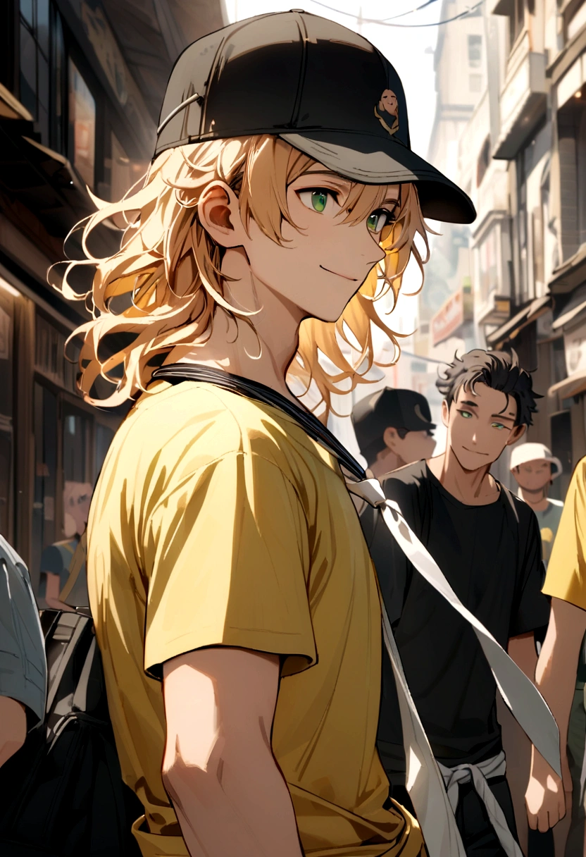 The boy had apricot hair, neck-length hair, green eyes, wearing a black baseball cap, yellow t-shirt, black long-sleeved shirt inside, and a white tie around his waist, smile