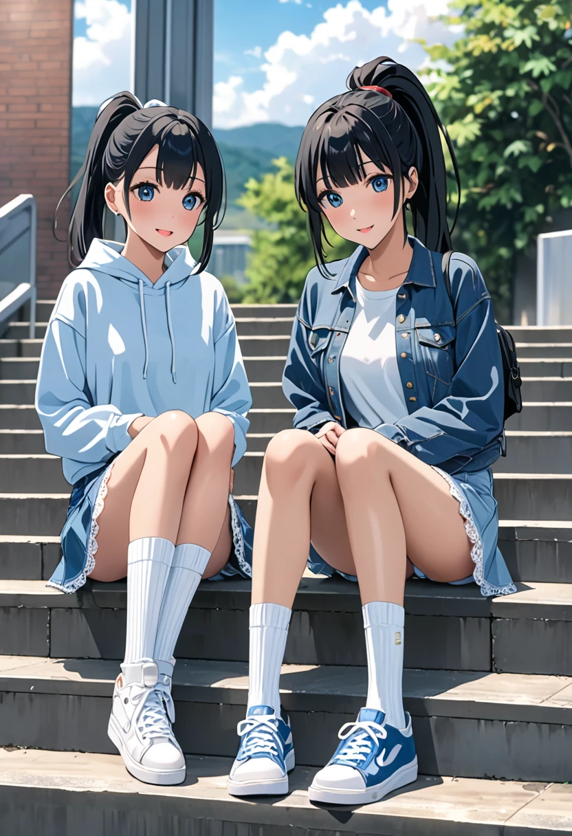 ((Highest quality, masterpiece, freak, Super Resolution)), ２People Girls、Black hair ponytail、Big ribbon、Sitting on the steps in front of the station、 (Spread your legs)blush、from the front、(Blue denim tight mini skirt、Ultra mini skirt)、light blue lace panties、 loose socks、sneakers