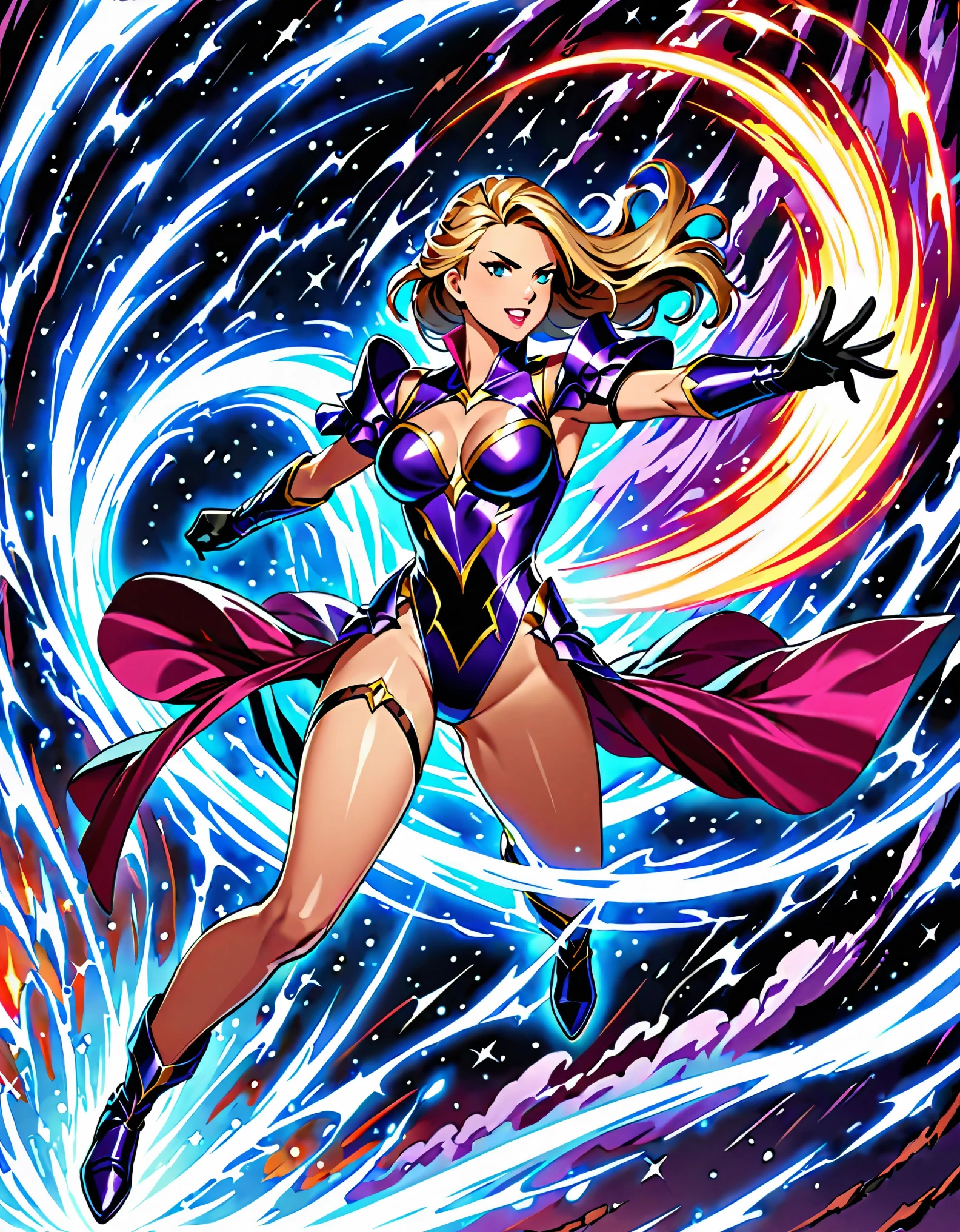 In a world where time is as fluid as the wind, Tornado Tempest emerges as a beacon of hope. Clad in a striking leotard with vibrant colors symbolizing her connection to the elements, her bare legs and gloves add a touch of elegance and power to her formidable presence. With a single spin, she transforms into a whirlwind, traversing the fabric of time itself. Her mission? To right the wrongs of the past, protect the present, and secure the future. Each journey through the ages brings her face-to-face with historic challenges, formidable foes, and the eternal struggle between good and evil. Whether she's thwarting a villainous plot in the distant past or preventing a catastrophe in the far future, Tornado Tempest's resolve is unyielding. With her unparalleled agility and control over the forces of nature, she proves time and again that true heroism knows no bounds. Join Tornado Tempest as she spins into action, embracing the chaos of the temporal storm and emerging victorious, one era at a time