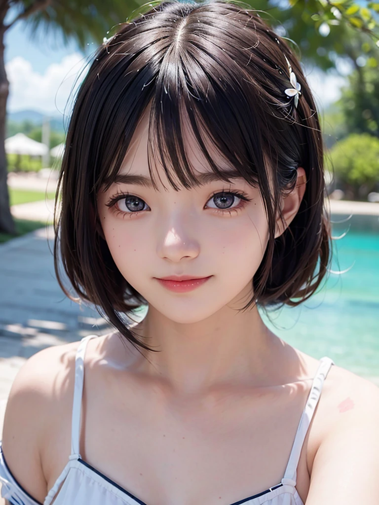 One Girl，(1人のとてもcute女の子:1.3)，masterpiece，Highest quality，High resolution，Photorealistic，RAW Photos，Ray Tracing，beautiful girl，(:1.3)，cute，Big eyes，(detailed pupils:1.2)，(The face is facing straight ahead:1.3)，Body facing forward，Beautiful nose，Fuller lips，Short black hair，ponytail，short hair，Detailed eyelashes，Thin eyebrows，Very fine grain definition，(Symmetrical eyes:1.3)，(Face close-up，Face Focus:1.0)，Small breasts，Short neck，White swimsuit，White Bikini，The background is the sea，Southern Island，Blue sky，White cloud，Portrait，View Viewer，Upper Body，Cinema Lighting，High resolution，Very detailed