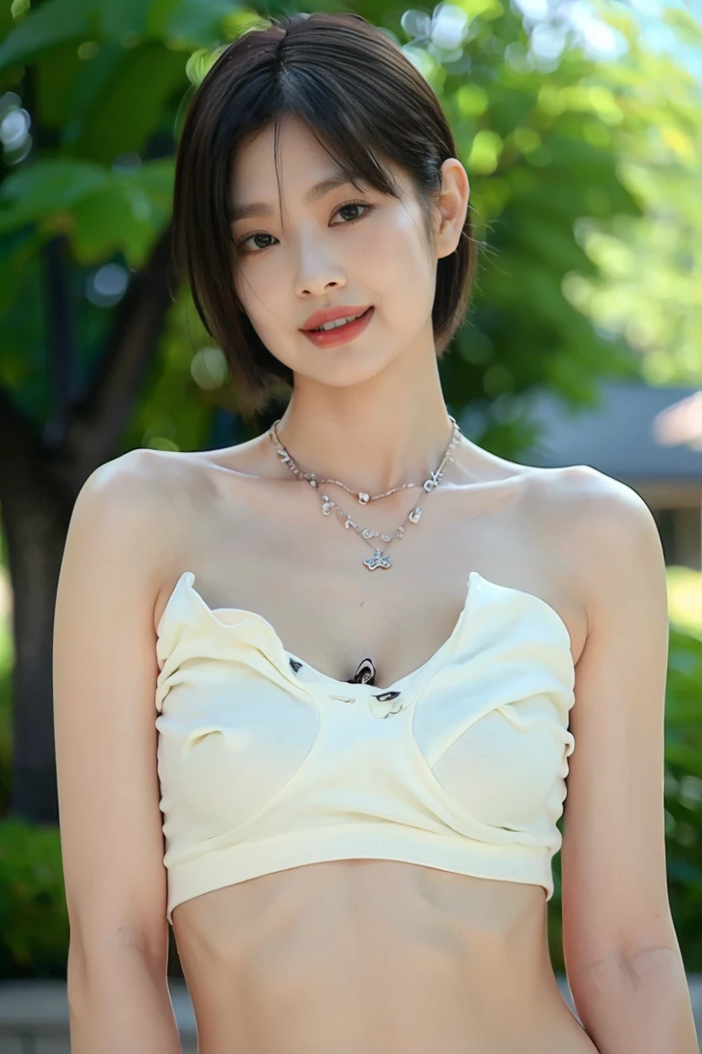 Masterpiece, highest quality, Realistic Photograph, In detail, High resolution, 8k wallpaper, Perfect dynamic composition, Sharp focus, Surreal, 1girl, solo, Beautiful details of a Beautiful Japanese real woman, Pixie Cut Hair, Random y poses, Chest to chest, ((Nakall ample breasts,t real nipples,)), (slhighs), (Breast bulge:1.2), (Grpen_mouth, Resort scenery, 30 years old, (Droopy eyes:1.4), Adult Beauty, simple chain necklace