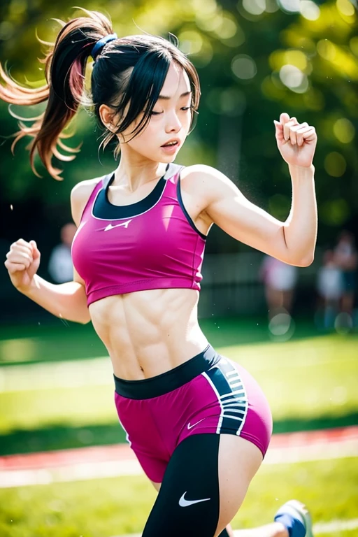 1 girl, Solitary, running, Gray sports top, Pink shorts, Ponytail, Athlete physique, Dynamic brushstrokes, Smooth movement, Capturing the essence of her athleticism and energy, Use light colors and soft tones to create a dreamy and ethereal atmosphere, portraying the motion and grace of running, showing the wind blowing her Ponytail and clothes, And the surrounding scenery.
outdoor, Detailed background, Modern metropolis,