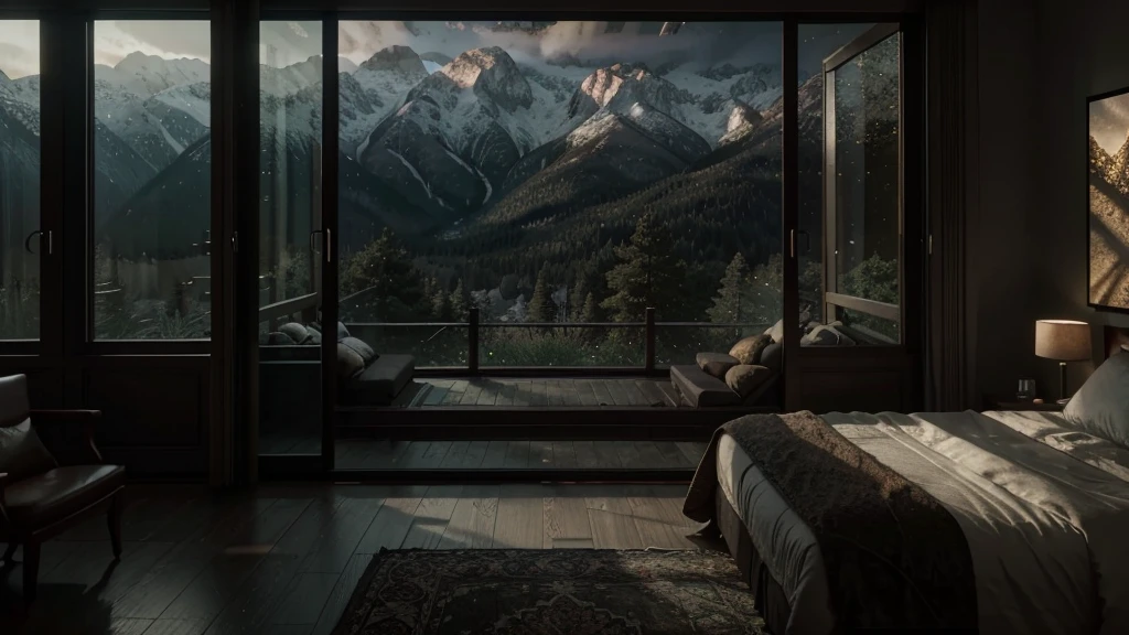 arafed bedroom with a fireplace and a view of the mountains, large windows to forest at night, dream like atmosphere 8k, dark bedroom, 8 k landscape render, dimly lit bedroom, dreamy atmosphere and drama, inspired by Gregory Crewdson, moody cinematic atmosphere, rendered in unreal engine 4k hq, rendered in unreal engine 4 k hq