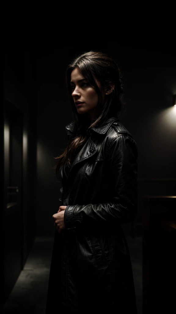 a mysterious person wearing a black trenchcoat, bank teller counter, (best quality,4k,8k,highres,masterpiece:1.2),ultra-detailed,(realistic,photorealistic,photo-realistic:1.37),intricate details,cinematic lighting,dramatic lighting,moody lighting,chiaroscuro lighting,high contrast,dark and gritty,mystery,suspense,tension,cinematic,noir,dramatic,atmospheric