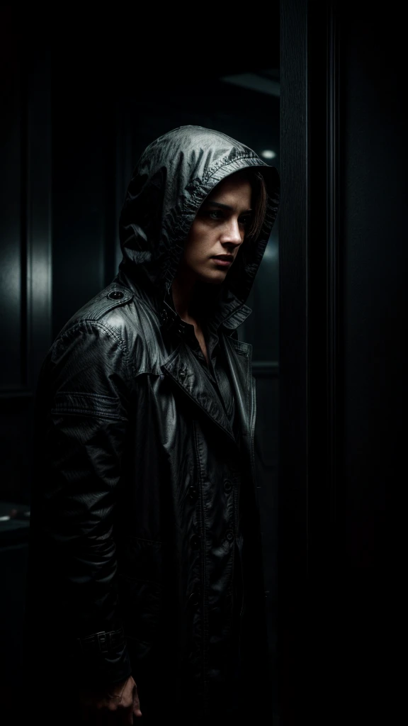 a mysterious person wearing a black trenchcoat, bank teller counter, (best quality,4k,8k,highres,masterpiece:1.2),ultra-detailed,(realistic,photorealistic,photo-realistic:1.37),intricate details,cinematic lighting,dramatic lighting,moody lighting,chiaroscuro lighting,high contrast,dark and gritty,mystery,suspense,tension,cinematic,noir,dramatic,atmospheric