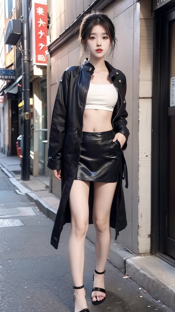 Japanese woman has a six pack stomach wearing a black jacket, crop top, short skirt, wearing sandals, black polish hair, photo in the city, showing off her stomach sexy