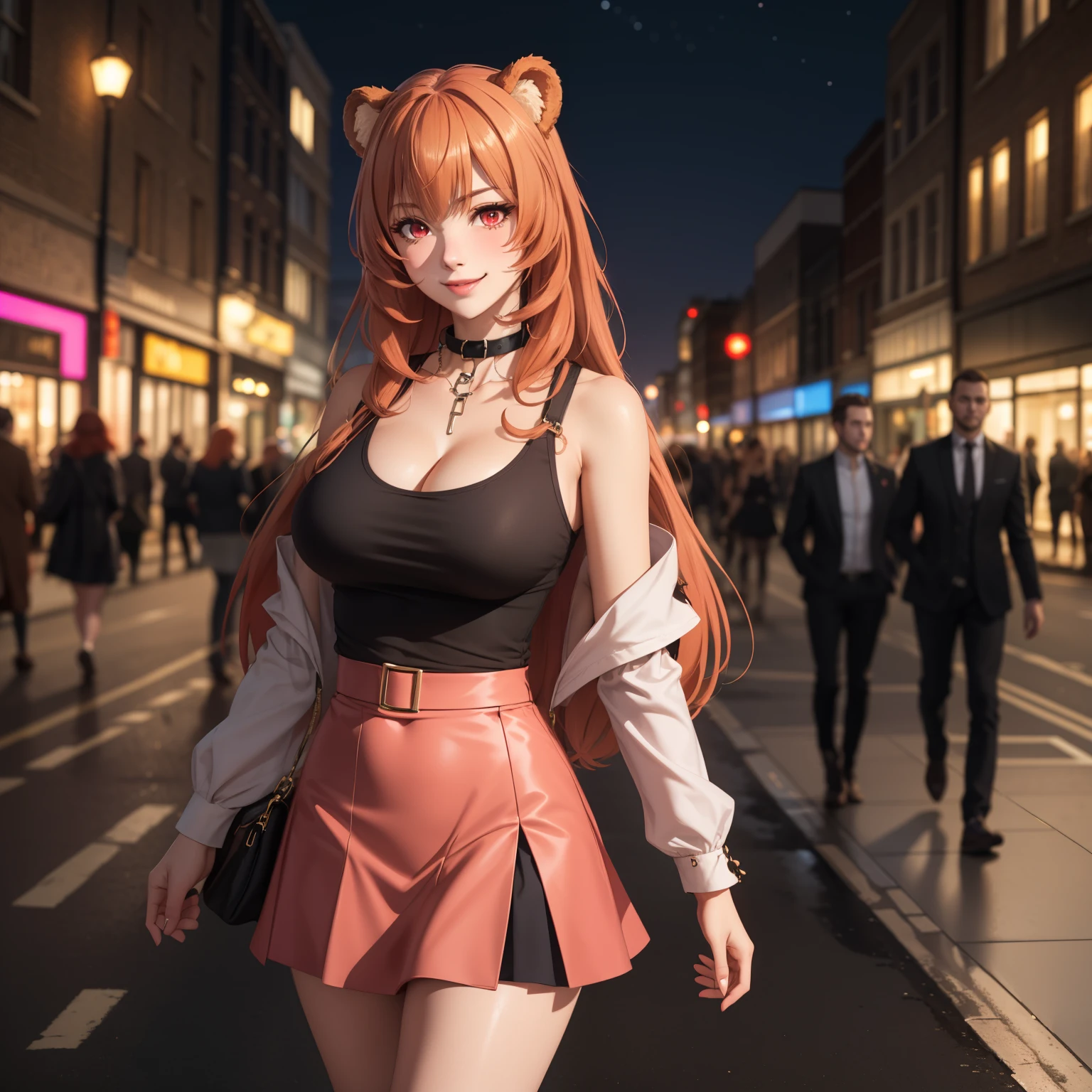 Raphtalia woman 35 years old floating straight orange hair , bear ears redondeadas, red eyes like ruby., flirtatious smile, pale skin, big breasts, modern clothing low cut short black top, short pink skirt, neckline, tops negro , bear ears, , background of a city streets London at night, collar, accessories.