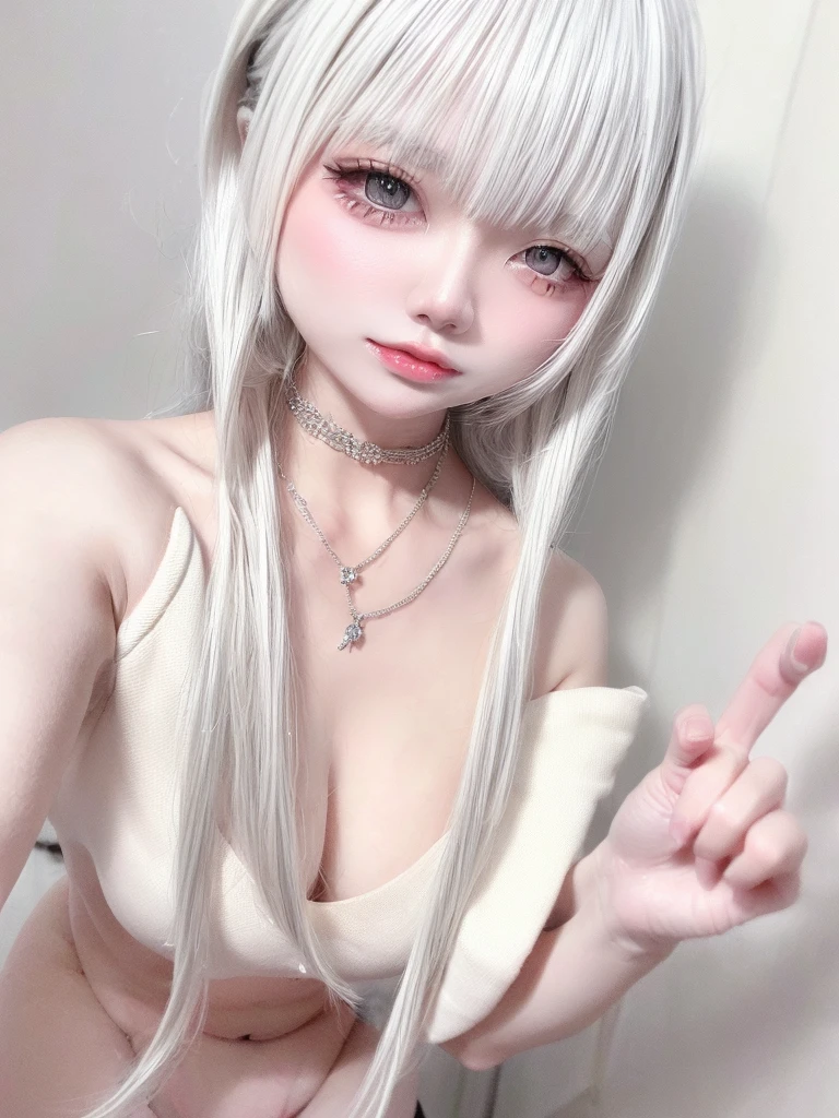 (((amount、White 、Asian Woman、beautiful girl、Silver Hair、White Background、)))、Tabletop, Highest quality, shape, Very detailed, finely, High resolution, 8k wallpaper, Perfect dynamic composition, finelyて美しい目, Deco Out, Medium Hair, Small breasts, Natural color lip,White Background, Random cute poses,、(((Nude 1.5)))、Necklaces and earrings、Black Hair