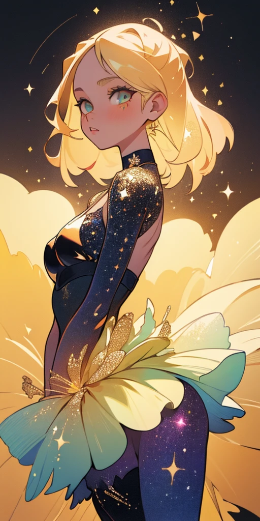 (best quality, masterpiece), 1girl, galaxy, glitter, bikini dress, particle, wind, flower, upper body, paris simple background, looking at viewer, blonde,