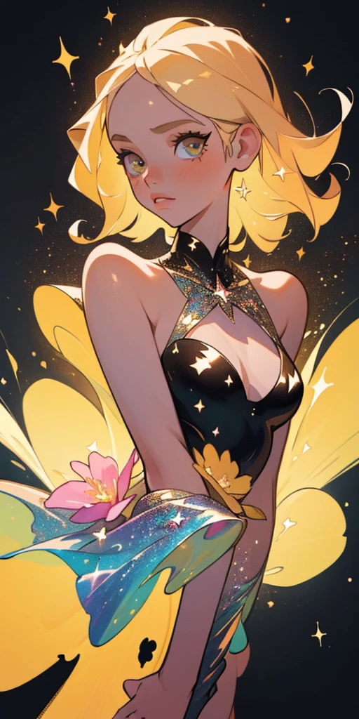 (best quality, masterpiece), 1girl, galaxy, glitter, bikini dress, particle, wind, flower, upper body, paris simple background, looking at viewer, blonde,