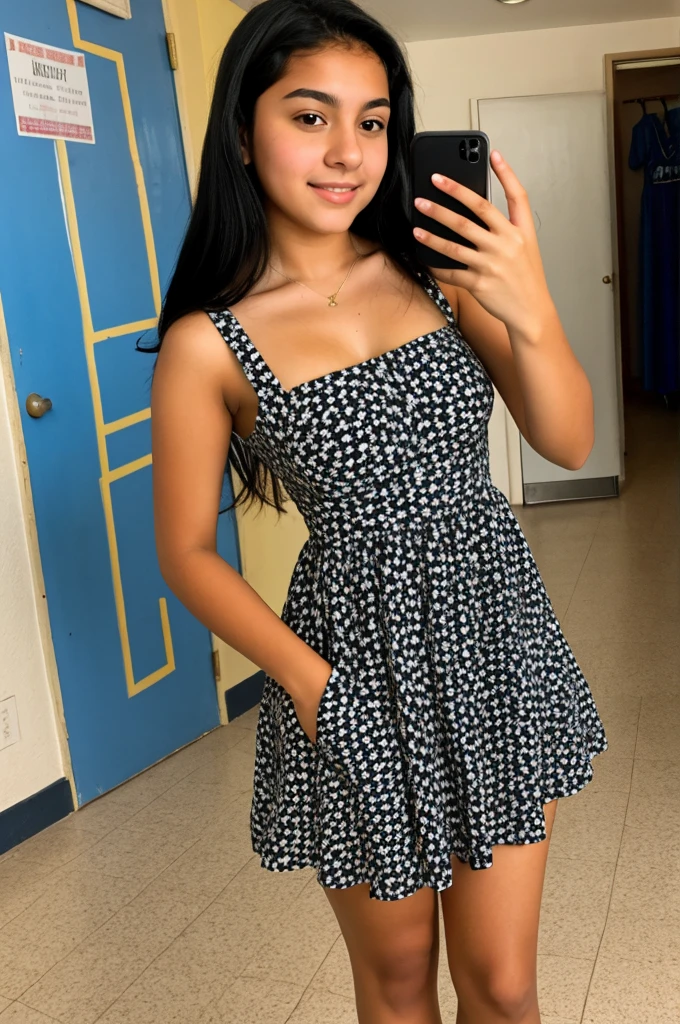 Latina high school student girl black hair selfie eith new dress