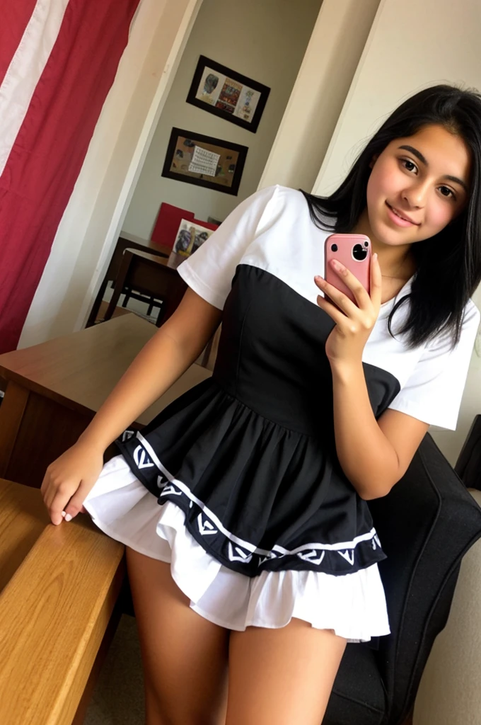 Latina high school student girl black hair selfie eith new dress
