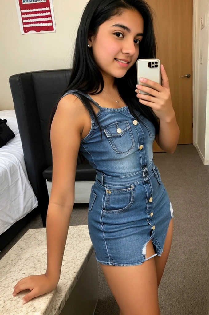 Latina high school student girl black hair selfie eith new dress