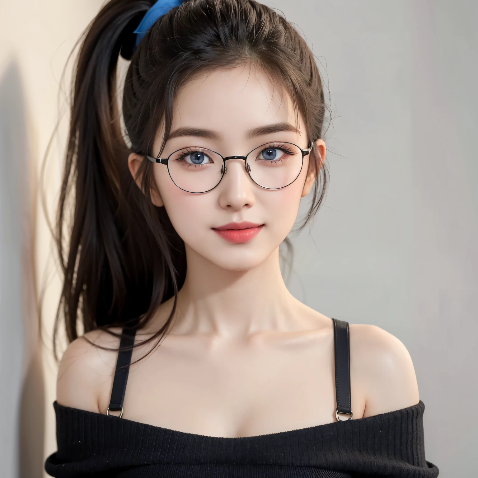 (Best quality, masterpiece, detailed), (RAW, 4k, hd images), shy, 1 girl, 17 years old, white skin, long hair, ponytail, layers hair, bangs, black hair, beautiful girl, cute girl, sweet girl, pretty girl, perfect girl, pretty eyes, blue eyes, thin lips, thin, (eye line, lip stick soft), perfect, glasses(detailed frame), room, smile, off shoulder sweater, black strap bra, close up, looking front, white wall background