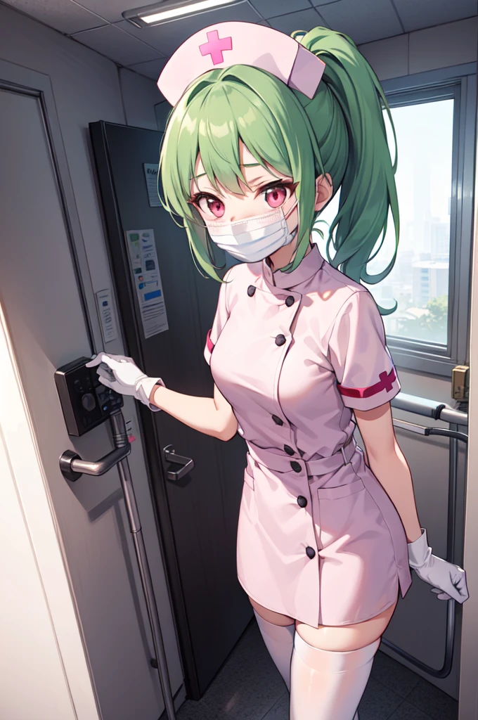 1girl, solo, nurse, nurse cap, white nurse uniform, ((white legwear, zettai ryouiki)), white gloves, ponytail, green hair, pink eyes, ((white surgical mask, covered nose)), standing, ((hospital room)), sharp outline, short sleeves, best quality, masterpiece