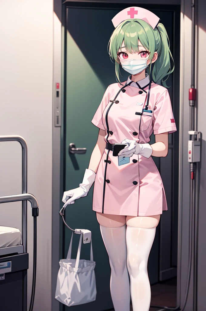 1girl, solo, nurse, nurse cap, white nurse uniform, ((white legwear, zettai ryouiki)), white gloves, ponytail, green hair, pink eyes, ((white surgical mask, covered nose)), standing, ((hospital room)), sharp outline, short sleeves, best quality, masterpiece