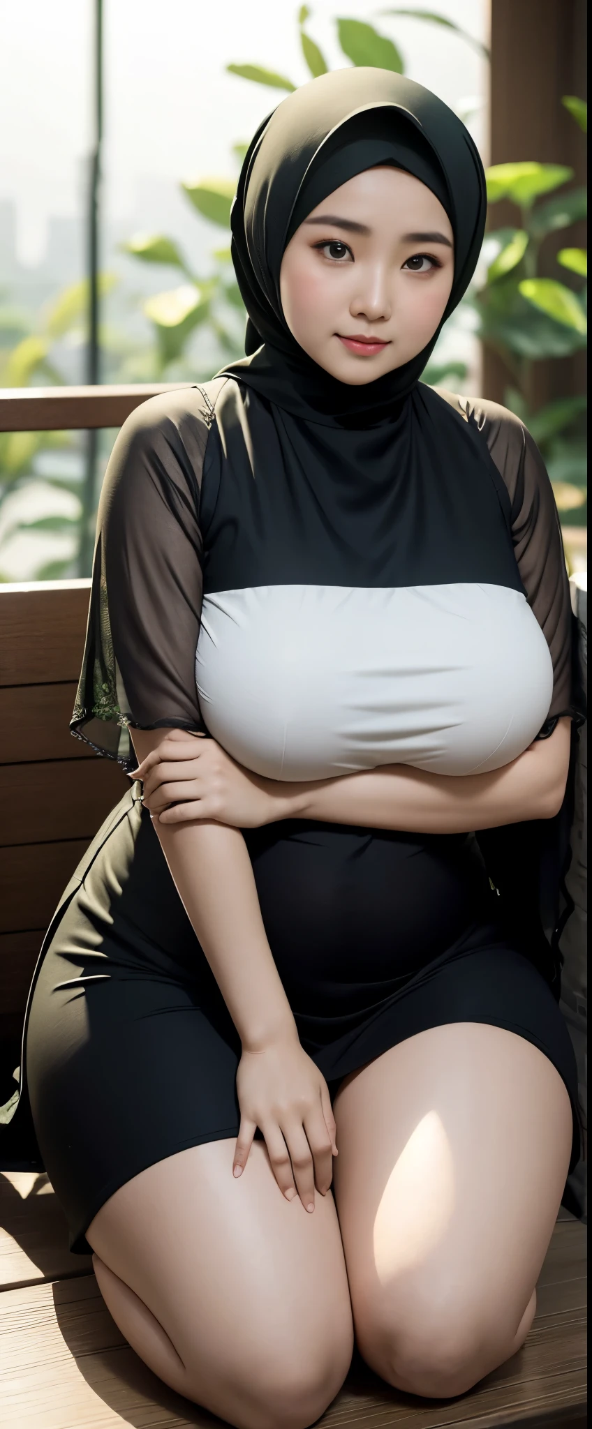 1 chinese-Indonesian girl, modern plain hijab, shy, medium portrait, watery eyes, wearing pastel green kebaya, ((big breasts)), black bokeh background, well-proportioned body,, chubby massive thighs, full body pose, Hena art on the body, hena art the face, full body view , wearing white sneakers