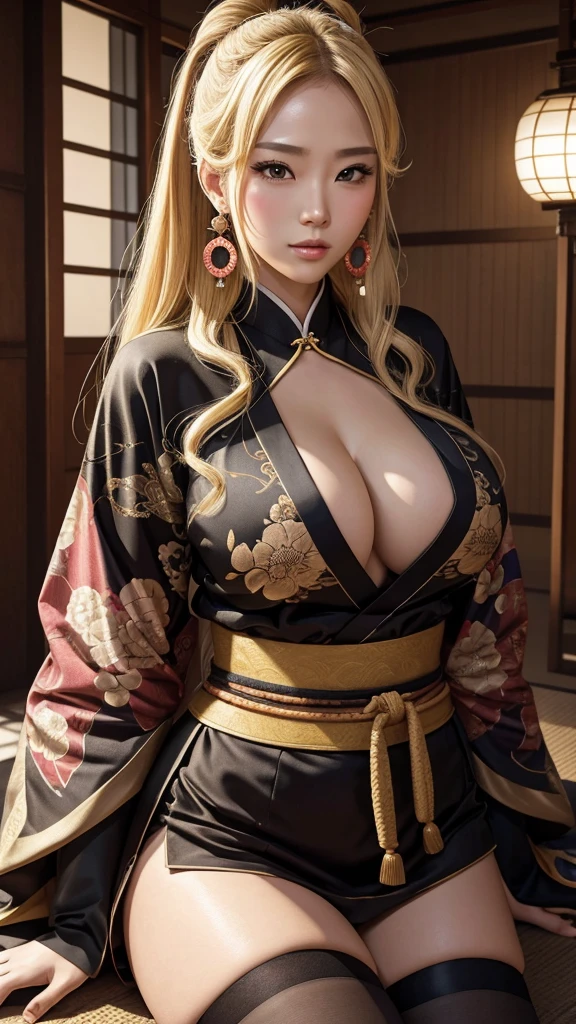 Warlords from ancient Japan's Sengoku period struggle to survive in modern society. They hold friendships and beliefs that transcend time, challenging modern values. 8K , HD, highly detailed, realistic, photography, photo realism, --ar 9:16 -- at 6.0 --s 750,alone, Long Hair, View your viewers, Blonde, Brown eyes, gem, whole body, Realistic, Sexy、Big Breasts 、stockings、clip on earrings,during,bracelet、embarrassed,blouse、kimono