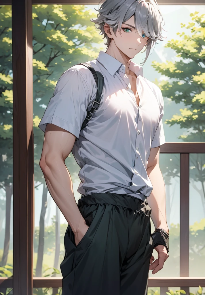 1 child,Alone,male focus,cowboy photo,alhaitham,Grey hair,short hair,Ahoge,green eyes,hair over one eye,shirt,shirt negra,gloves,shirt sin mangas,pants,standing, Pectorals,toned man,looking at the viewer , forest,