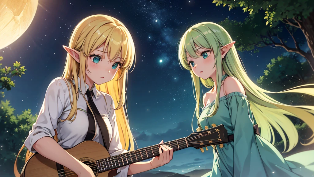 Top quality, masterpiece, ((1 person)), blonde elf girl playing Irish bouzouki in the center, long hair, emerald jewel eyes, teal and white gwaise style, soft orange light at dusk, square, sexy but cute, older sister, ((25 years old)), faint light particles drifting, everyone fussing, warm tones and a relaxed atmosphere