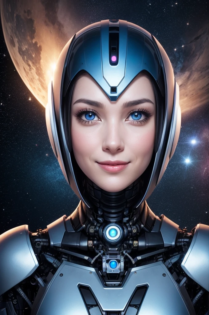 Face of a robot woman happy with the universe