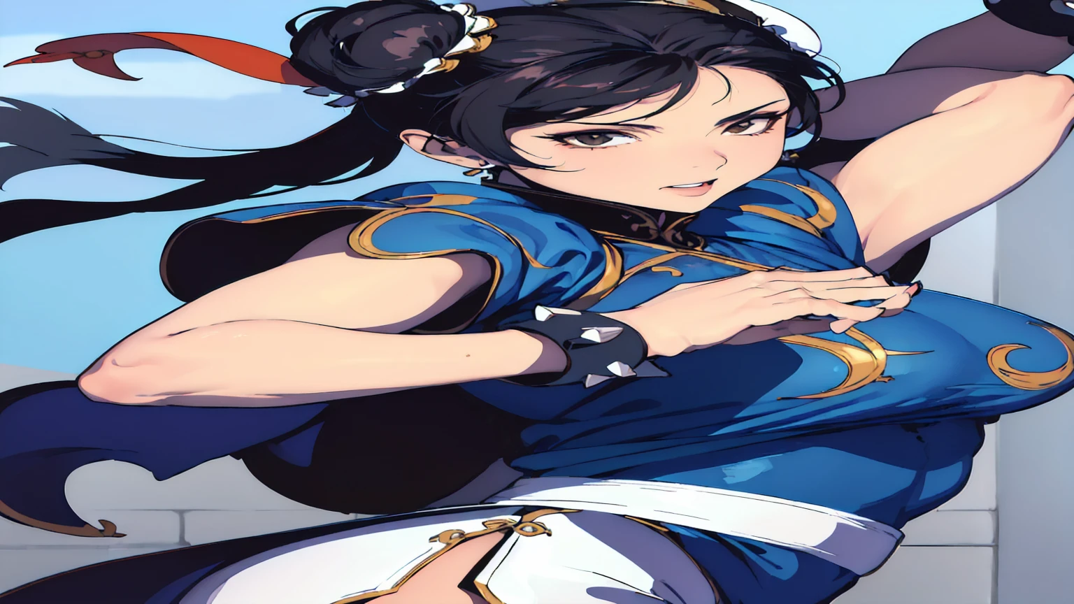 ((masterpiece,best qualtiy)),1girl,solo,ChunLi,upper body,beautiful night street background