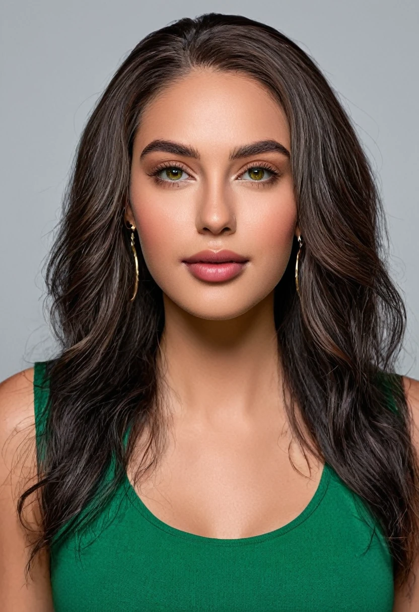 score_9,score_8_above,score_7_above,fine details in everything, A beautiful woman, beautiful Latin face, young Brazilian Nyvi Estephan, Brazilian supermodel, serene and elegant beauty, Angolan descent, young adult 30 years old, nerdy woman, tall woman, a black woman stunning, with indigenous features, beautiful indigenous girl, native Brazilian, ((An indigenous African girl with European ebony)), ((her beauty is undeniable)), beautiful young ebony girl with dark skin, tanned Mexican, black highlighted hair brown, curly black hair with brown highlights, Voluminous black hair with brown highlights, vibrant and dynamic cut with soft waves can give a modern and stylish touch. She has an exotic beauty with beautiful green eyes, realistic green eyes, bright green eyes, ultra detailed green eyes, ultra realistic green eyes, natural green eyes, hyper realistic eyes, eyeliner, long eyelashes and a defined, penetrating look that conveys confidence, striking, powerful expression, strong presence, striking makeup, red lipstick, full lips, voluminous lips, seductive lips, captivating, striking, unforgettable, dazzling and mischievous smile, sexy, her features are captivating. beautiful and detailed face, detailed skin texture, perfect eyebrows that arch gracefully above the eyes, small nose that is proportionate to the face, and soft contour of the face that accentuates the high cheekbones. Beautiful and glowing skin, intricate details, smooth skin, healthy and radiant appearance, Attractive slim woman, Medium bust, athletic, slim waist, wide hips, big ass, thick thighs, legs shapely concept art. She wears a black shirt, a black sleeveless tank top and a long dark green skirt with butterflies printed on the skirt and high-heeled sandals. Urban photography, urban environment, Woman in shopping center, shopping mall background. 3D 4k, high resolution, full sharpness photo realistic, breathtaking, Lentille nette, Photographie professionnelle, Objectif 70mm, Unreal Engine 5, wallpap