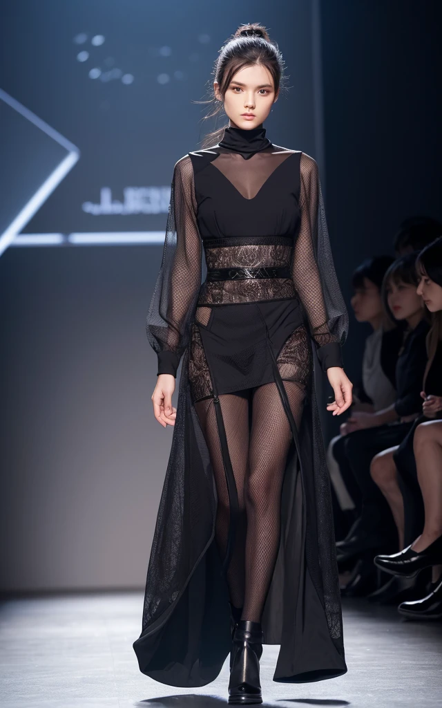 Biohazard Fashion Clothing for responding to biological threats。Antibacterial and virus-repelling fabrics。Elegant design with protection。The background is the gorgeous runway of Paris Fashion Week。