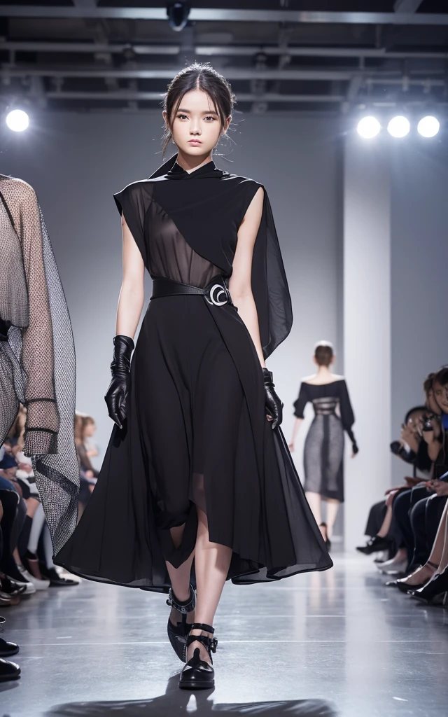 Biohazard Fashion Clothing for responding to biological threats。Antibacterial and virus-repelling fabrics。Elegant design with protection。The background is the gorgeous runway of Paris Fashion Week。 

