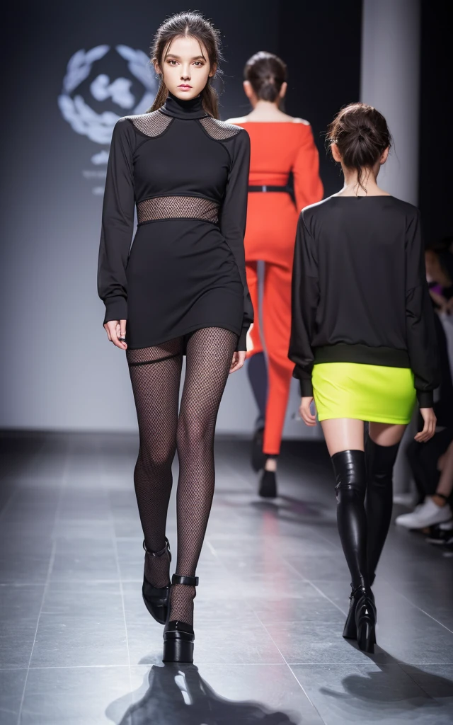 Biohazard Fashion Clothing for responding to biological threats。Antibacterial and virus-repelling fabrics。Elegant design with protection。The background is the gorgeous runway of Paris Fashion Week。