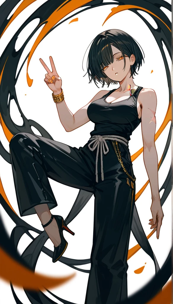 masterpiece, Score_9, Score_8_up, Score_7_up,1 woman, alone, black hair, very short hair, split bangs, gold and orange eyes, half-closed eyes, parted lips, expressionless, pale skin, large breasts, many scars, one scar on one eye, best quality, long open bangs, black sleeveless shirt, black V-neck, baggy pants, high heels