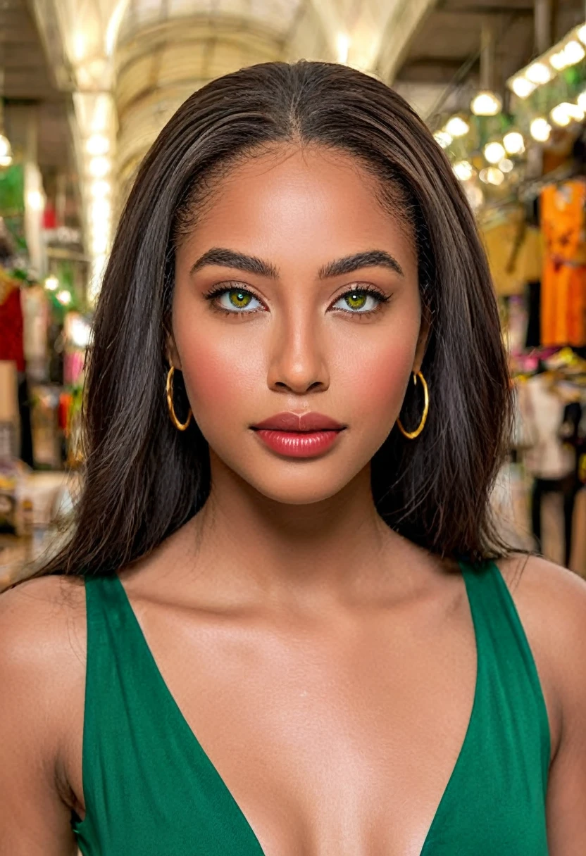 score_9,score_8_above,score_7_above,fine details in everything, A beautiful woman, beautiful Latin face, young Brazilian Nyvi Estephan, Brazilian supermodel, serene and elegant beauty, Angolan descent, young adult 30 years old, nerdy woman, tall woman, a black woman stunning, with indigenous features, beautiful indigenous girl, native Brazilian, ((An indigenous African girl with European ebony)), ((her beauty is undeniable)), beautiful young ebony girl with dark skin, tanned Mexican, black highlighted hair brown, curly black hair with brown highlights, Voluminous black hair with brown highlights, vibrant and dynamic cut with soft waves can give a modern and stylish touch. She has an exotic beauty with beautiful green eyes, realistic green eyes, bright green eyes, ultra detailed green eyes, ultra realistic green eyes, natural green eyes, hyper realistic eyes, eyeliner, long eyelashes and a defined, penetrating look that conveys confidence, striking, powerful expression, strong presence, striking makeup, red lipstick, full lips, voluminous lips, seductive lips, captivating, striking, unforgettable, dazzling and mischievous smile, sexy, her features are captivating. beautiful and detailed face, detailed skin texture, perfect eyebrows that arch gracefully above the eyes, small nose that is proportionate to the face, and soft contour of the face that accentuates the high cheekbones. Beautiful and glowing skin, intricate details, smooth skin, healthy and radiant appearance, Attractive slim woman, Medium bust, athletic, slim waist, wide hips, big ass, thick thighs, legs shapely concept art. She wears a black sleeveless tank top and a long dark green skirt with butterflies printed on the skirt and high-heeled sandals. Urban photography, urban environment, Woman in shopping center, shopping mall background. 3D 4k, high resolution, full sharpness photo realistic, breathtaking, Lentille nette, Photographie professionnelle, Objectif 70mm, Unreal Engine 5, wallpaper,