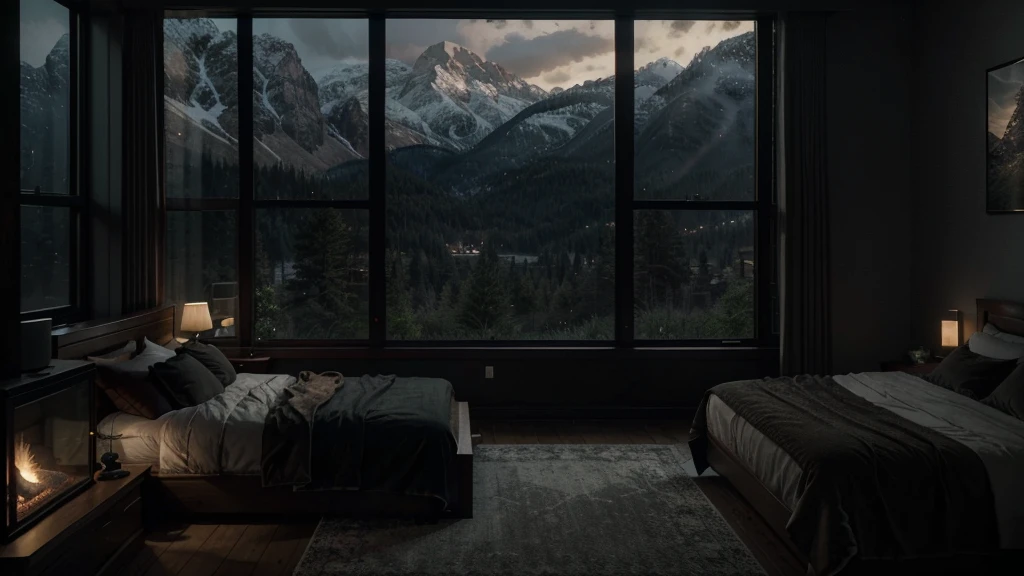arafed bedroom with a fireplace and a view of the mountains, large windows to forest at night, dream like atmosphere 8k, dark bedroom, 8 k landscape render, dimly lit bedroom, dreamy atmosphere and drama, inspired by Gregory Crewdson, moody cinematic atmosphere, rendered in unreal engine 4k hq, rendered in unreal engine 4 k hq