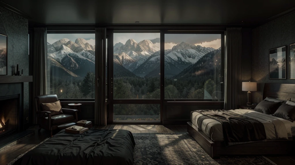 arafed bedroom with a fireplace and a view of the mountains, large windows to forest at night, dream like atmosphere 8k, dark bedroom, 8 k landscape render, dimly lit bedroom, dreamy atmosphere and drama, inspired by Gregory Crewdson, moody cinematic atmosphere, rendered in unreal engine 4k hq, rendered in unreal engine 4 k hq