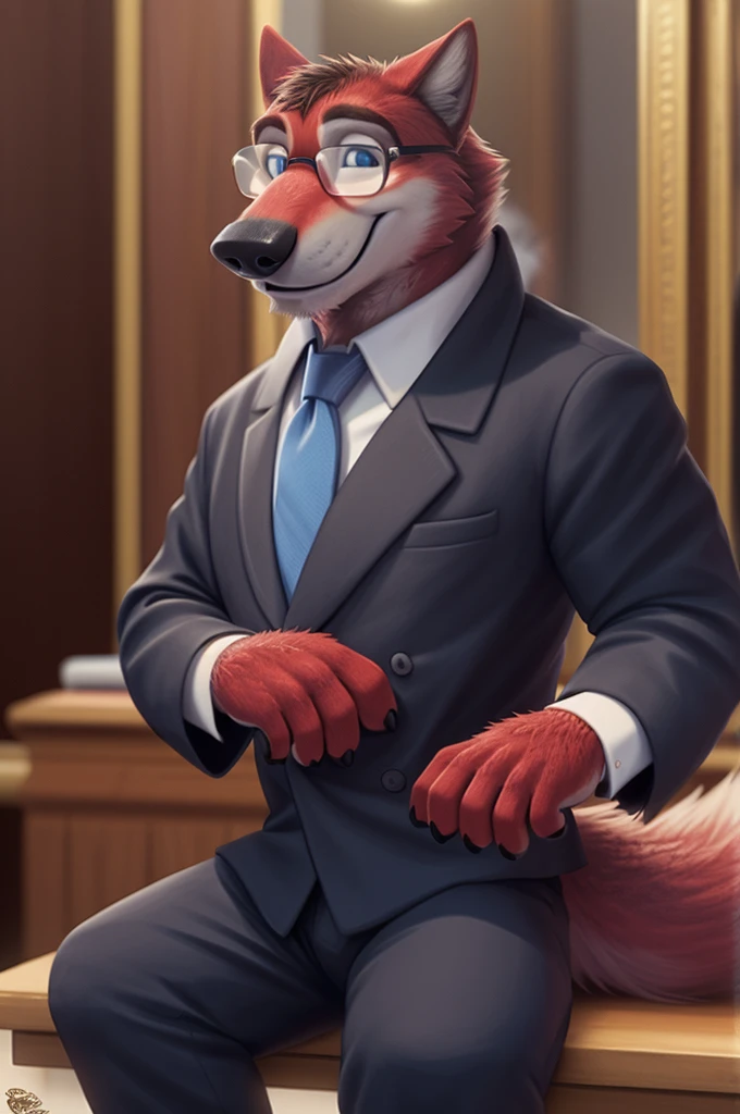 Ivan Fedorovich Wolfbach (Novosibirsk) ,tall handsome, wolf,young, 24 years, brown fur,Kind,(red body:1.3),beautiful blue eyes,Novosibirsk,dressed, black, Judge's Mantle, glasses shirt, tie, trousers,sandals , wolf, detailed fur, male,paw pads, finger claws,At the viewer, 5 fingers, paws, 5 fingers, smile, wrist watch, т nextel,by xenoforge, (difficult, high detail, digital photography, soft focus, RAW variety вкдущий передачи,Very close to the camera, variety,Novosibirsk, smile, good mood, positive, Very close to the camera, is sitting, presenter of the fashion show,
Photorealism, realistic, digital style, Subsurface scattering,I look at the viewer,worth getting a haircut, looks at the mirror, men's cosmetics,
masterpiece, Best quality, ultra realistic, 8 thousand.)